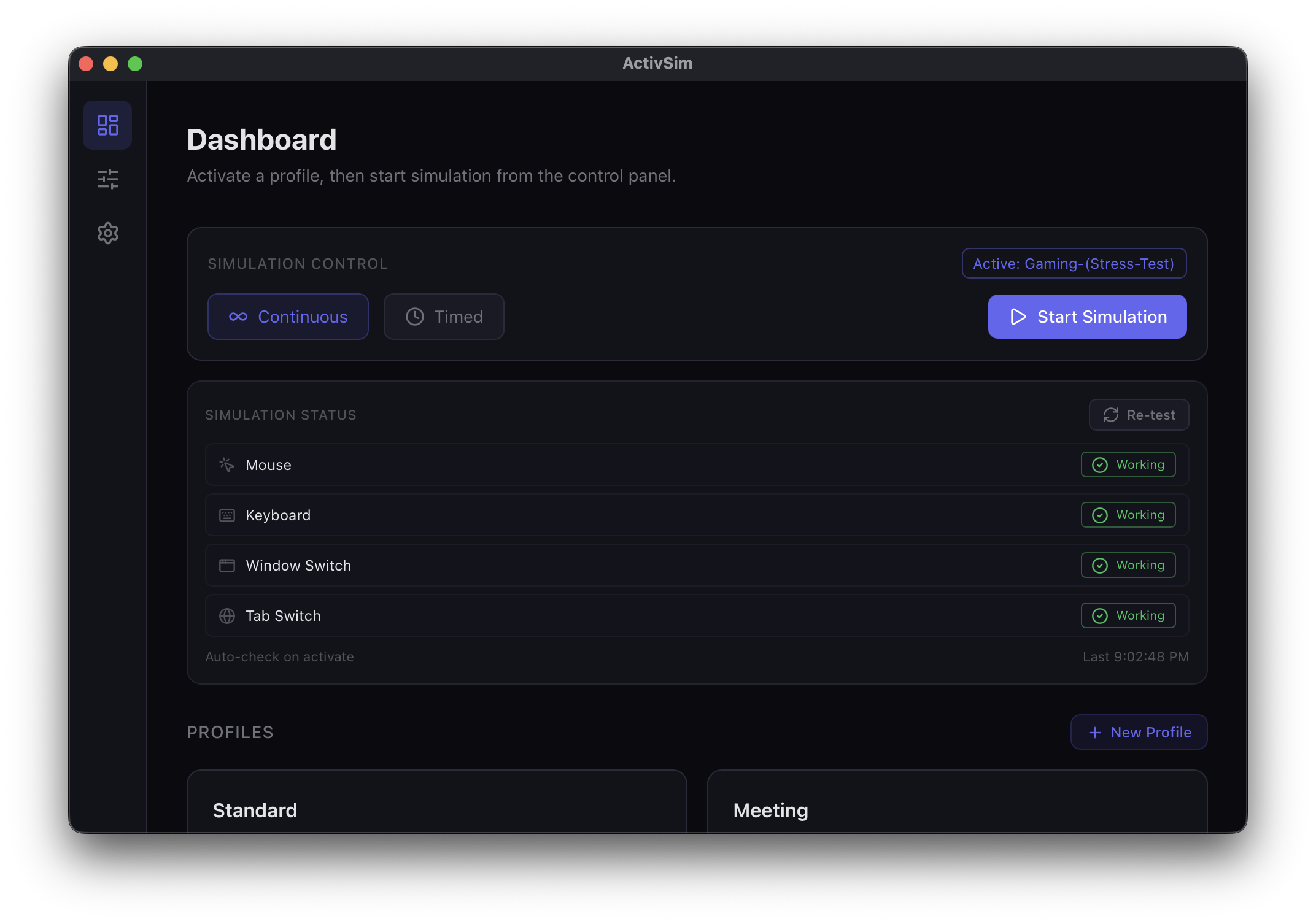 ActivSim dashboard showing simulation controls, status indicators, and behavior profiles
