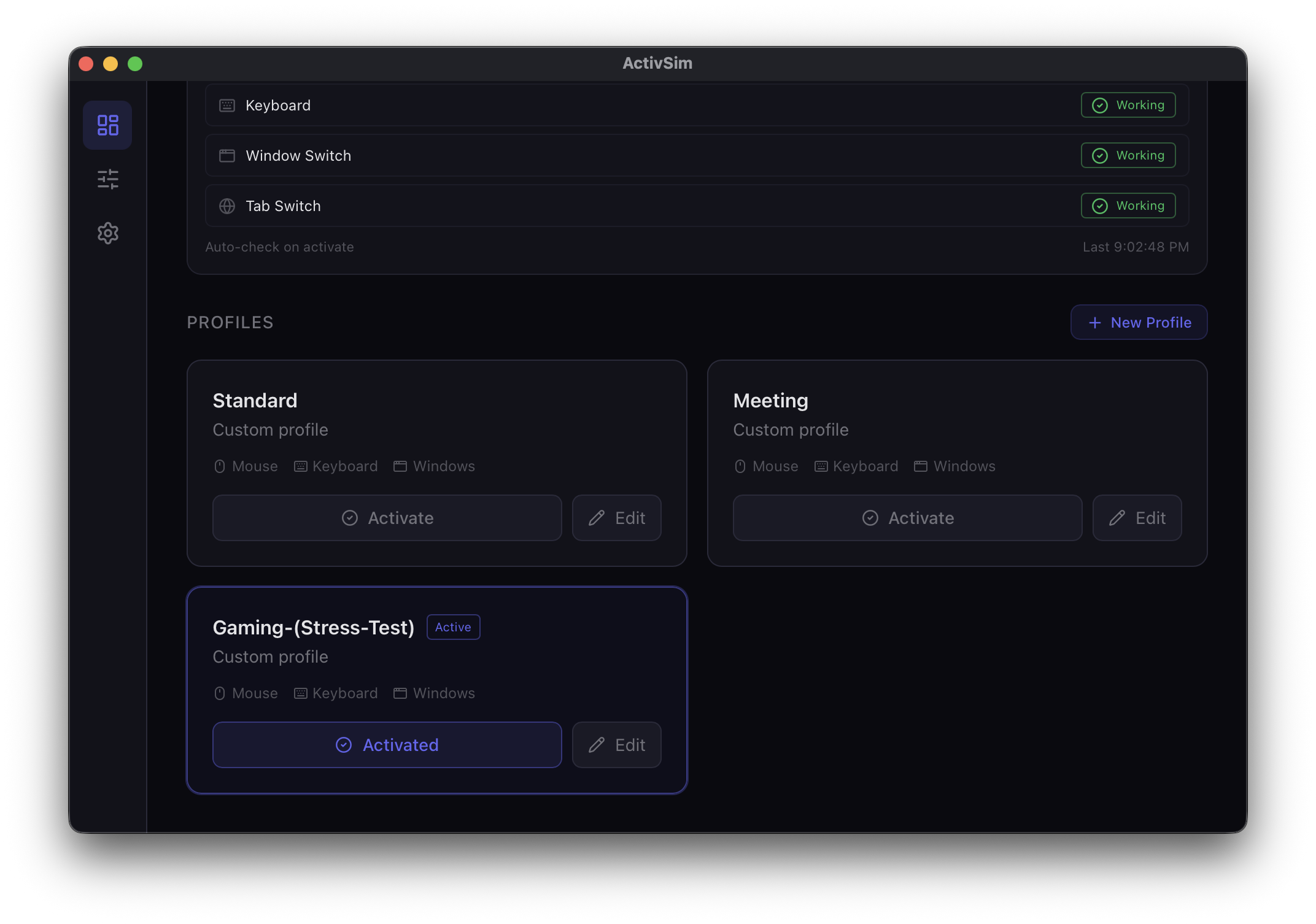 ActivSim profile cards with activate and edit controls